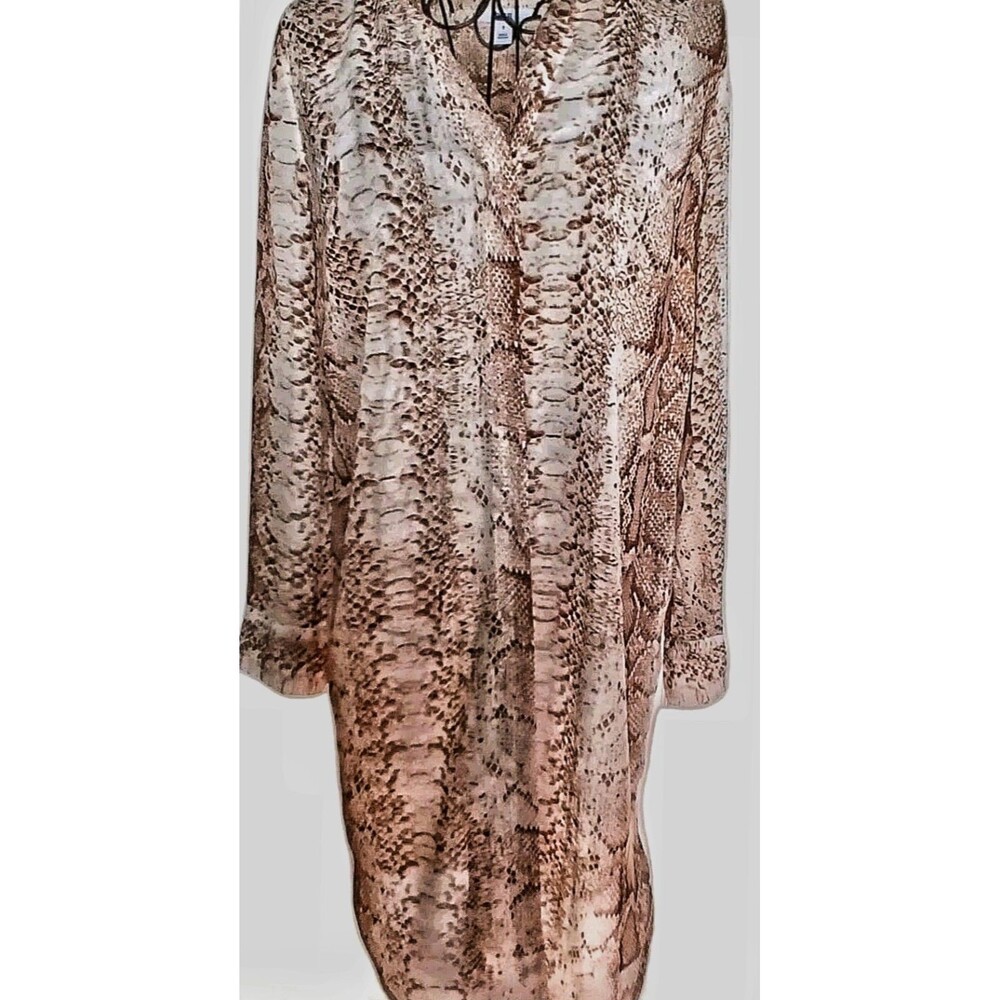 Sheer Snake Print Shirt Dress S Neutral Taupe Boho Resort Cover-Up Long Sleeve